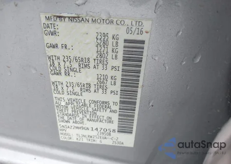 2016 Nissan Murano Sl z USA, uszkodzony, nr VIN 5N1AZ2MH9GN147058